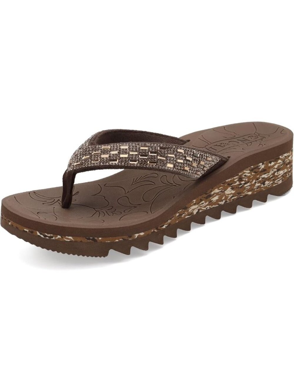Women's Brown Summer Comfortable Wedge Flip Flop with Rhinestone Walking Sandals